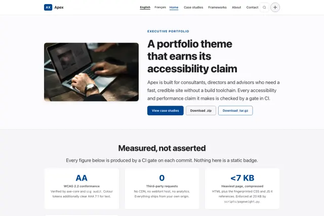 Preview of the Apex theme home page.