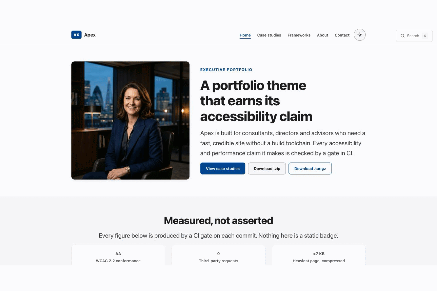 The Apex home page: a portrait beside a large headline, with a row of metric cards below.