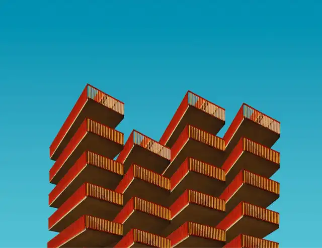 Repeating orange balconies against a cyan sky