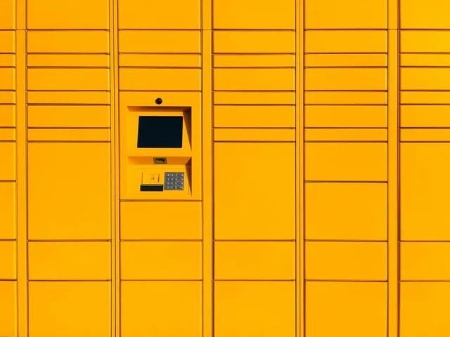 Bright yellow modular lockers arranged as a precise release wall