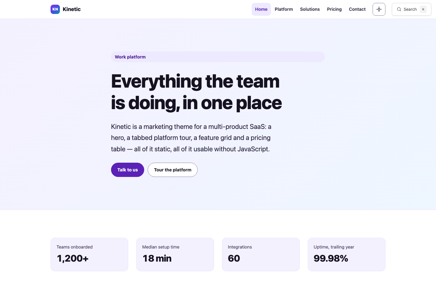 The Kinetic home page: a violet gradient hero above a row of figures and a tabbed platform tour.