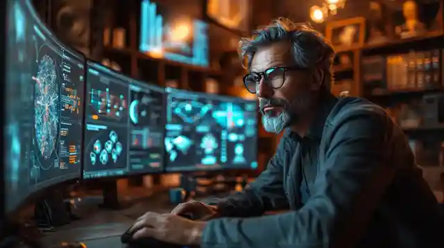 Analyst working with a wall of live data visualisations