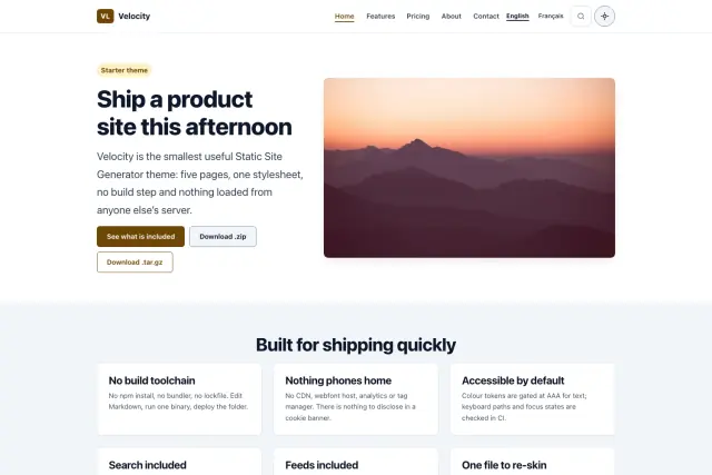 Preview of the Velocity theme home page.