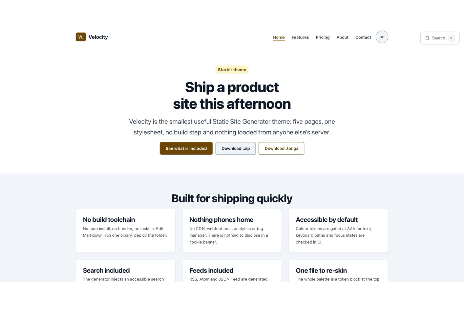 The Velocity home page: a centred product headline above a grid of six feature cards.