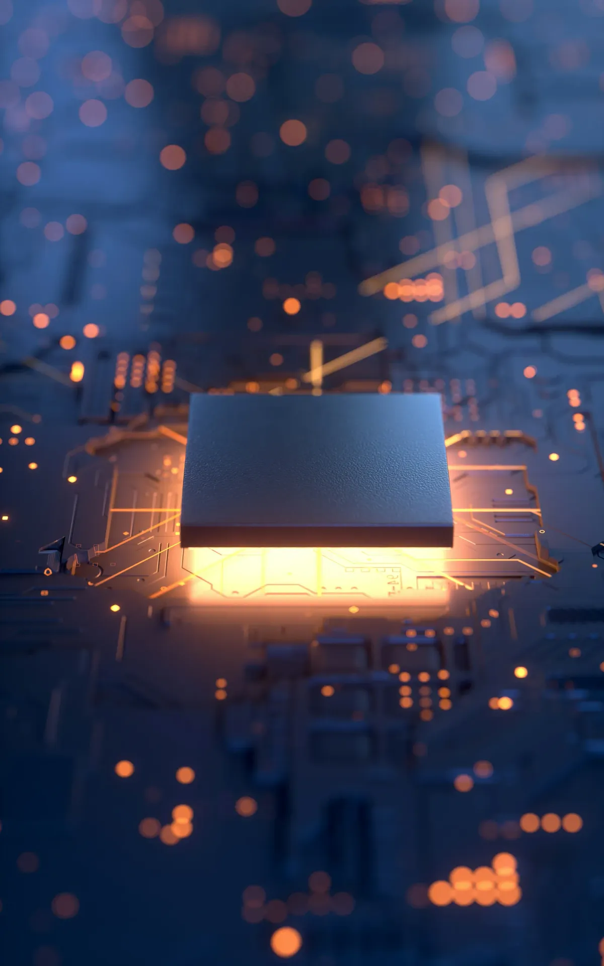 A processor lit from beneath on a circuit board